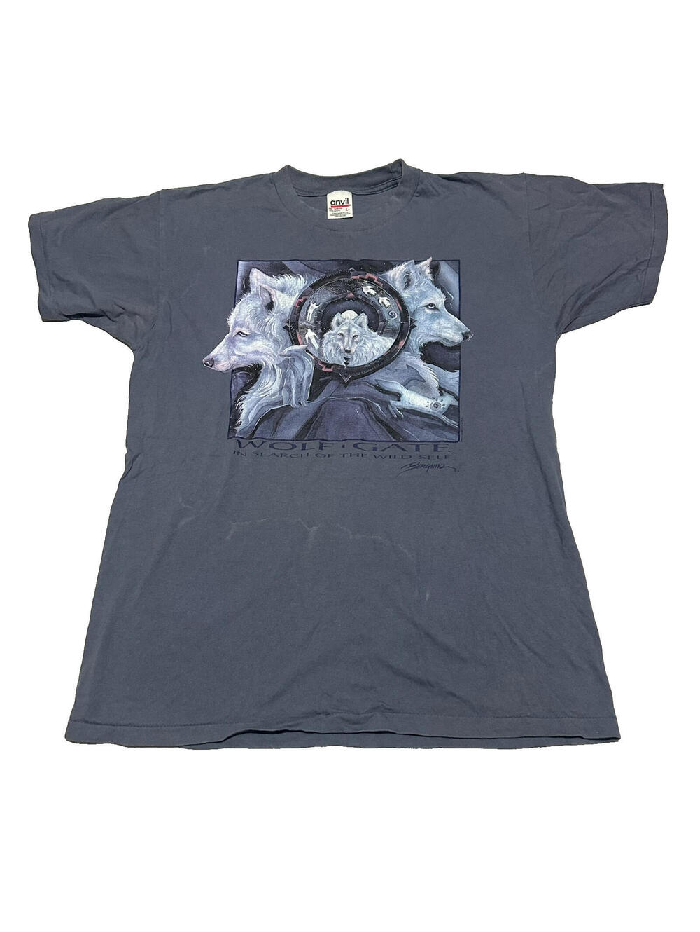 Vintage Wolf Gate Reno Bergsma Graphic Gray Mens T Shirt Large Anvil Nature Y2K
